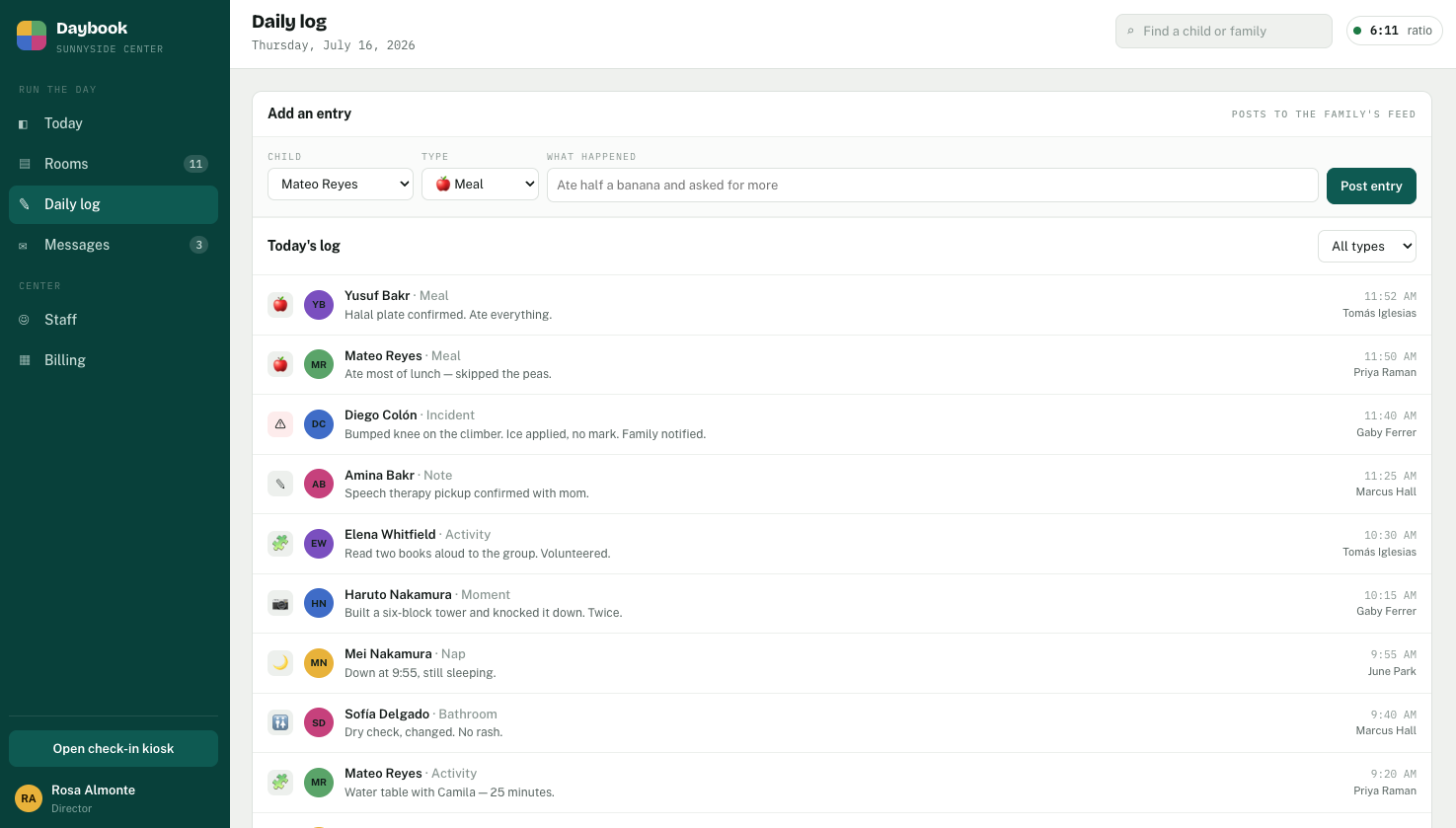 Daybook Daily log: a running feed of meals, naps, incidents, notes and moments that posts straight to each family's feed