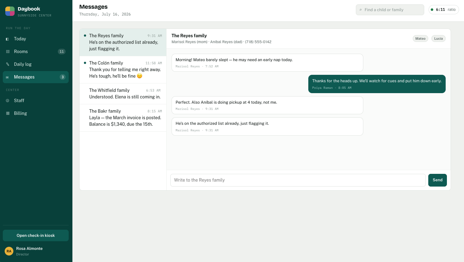 Daybook Messages: two-way conversations with families about pickups, naps and invoices, kept next to each child's record